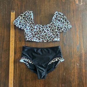 Kids Leopard Print Puff Sleeve Bikini Top and Black High-Waist Bottom Size 8